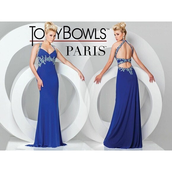 Tony Bowls Le Gala Jersey Stretch Prom Dress 115745 Navy - Picture 1 of 8